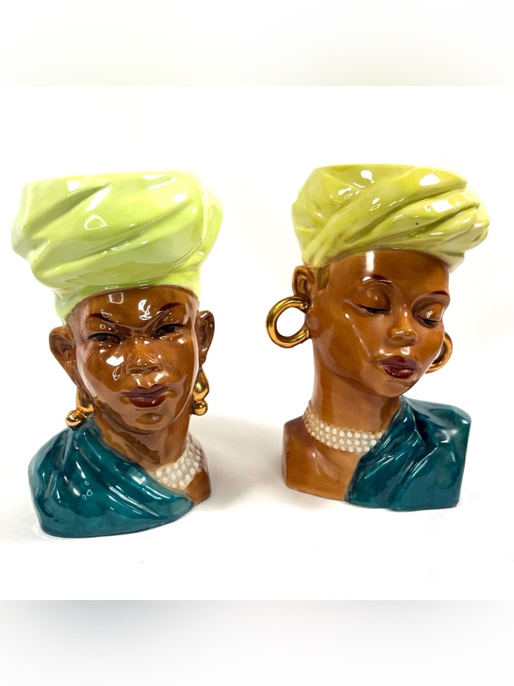 Vintage MCM Ceramic African Lady Head Vases - Matching Pair (Made in Japan)
